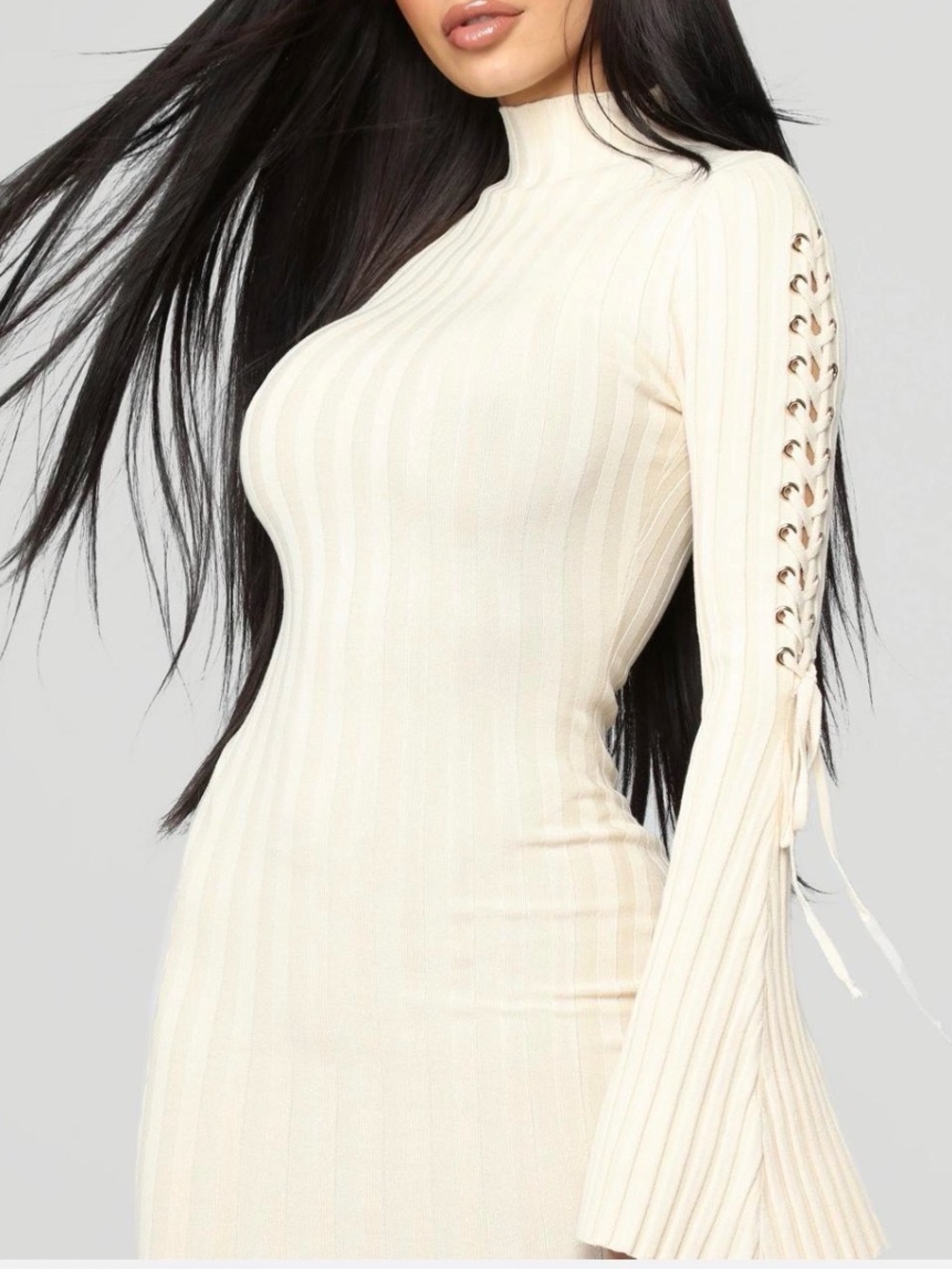 Fashion Nova Ribbed Knit Cream Long-Sleeve Bodycon Dress with Lace-Up Detail